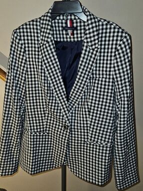 Tommy Hilfiger Blue & White Gingham Single Breasted Blazer sz12 E.U.C. Faux Pkt